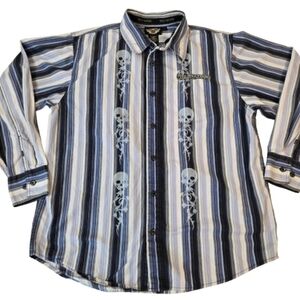 Vintage Harley Davidson Men's Blue and White Striped Skull Shirt 2XL